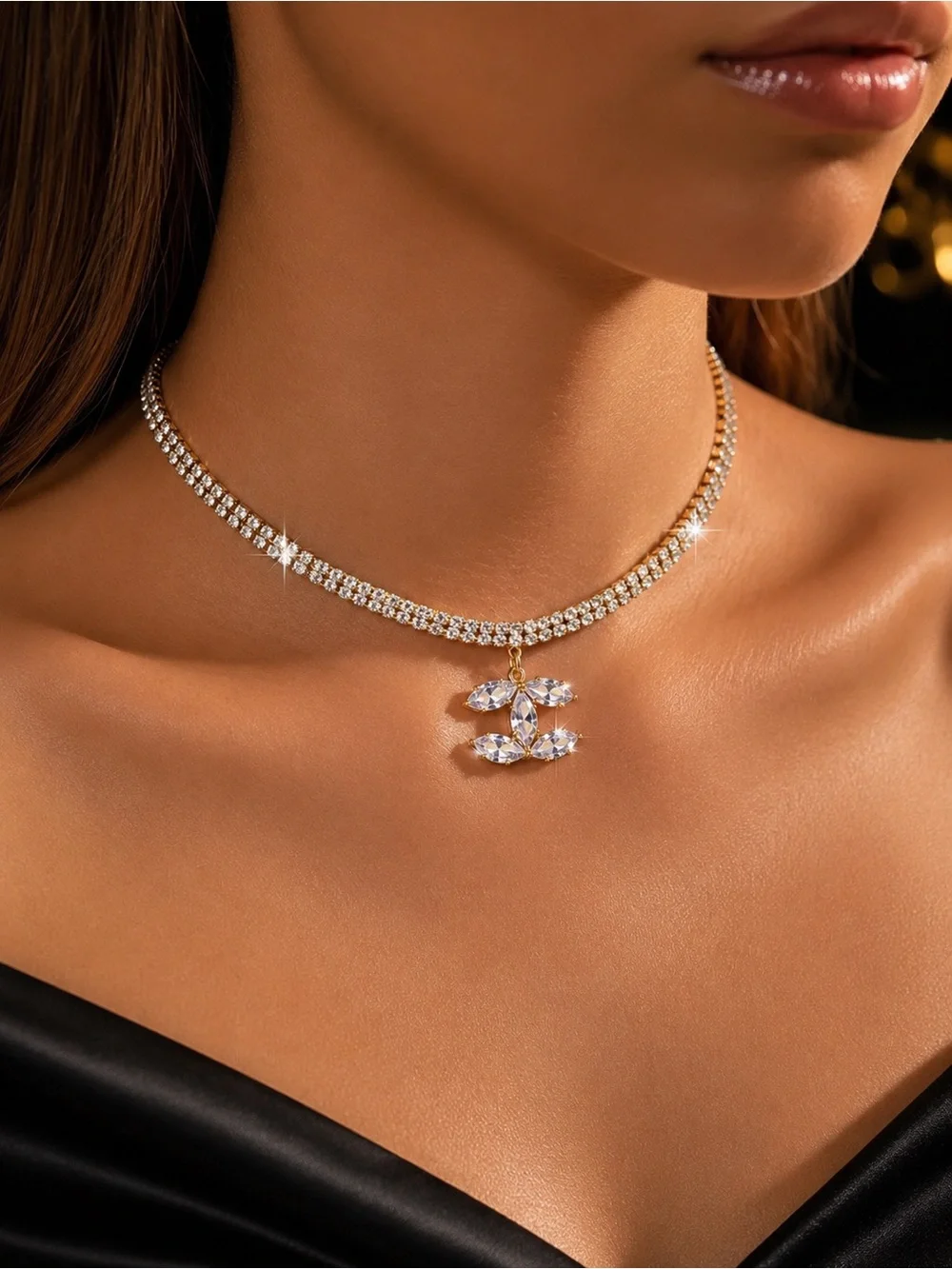 Gold Rhinestone Crystal CC Pendant Choker Necklace